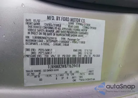 2007 Lincoln Town Car Signature Limited из США, поврежденный, VIN 1LNHM82W87Y639418